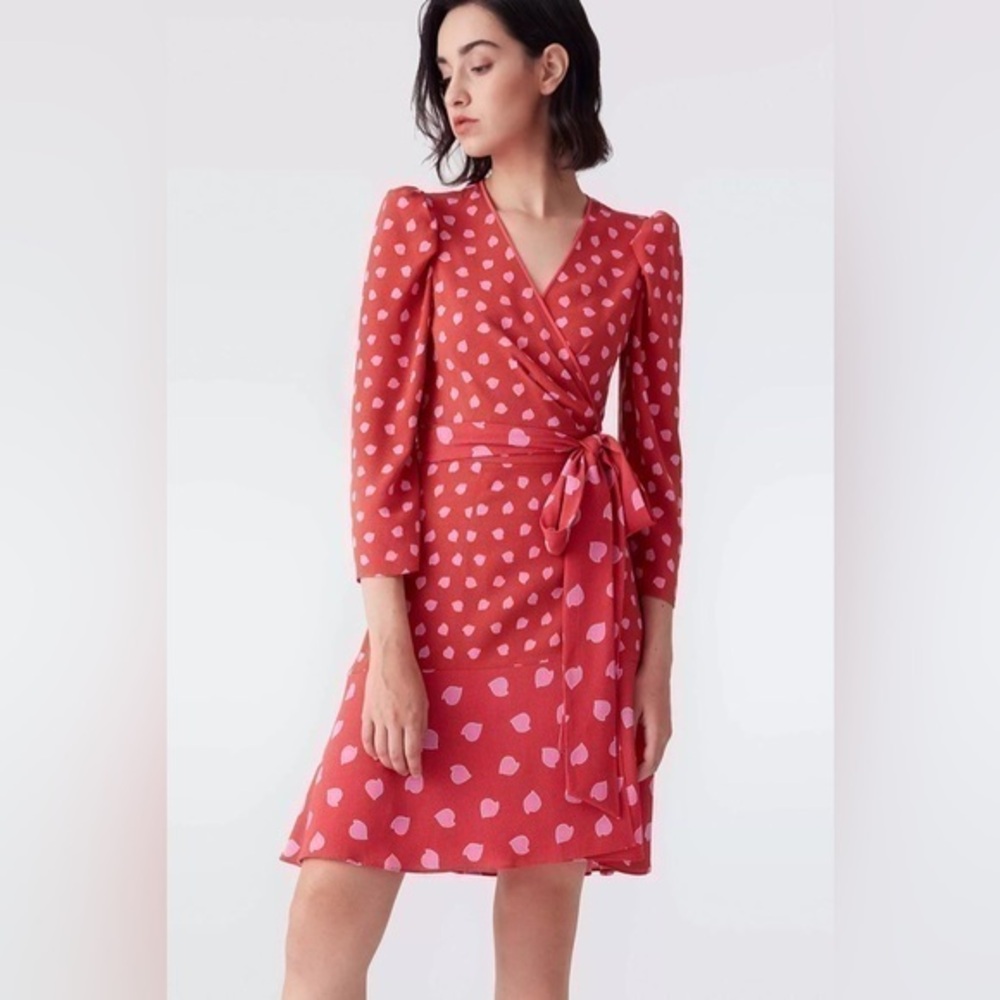 NWT Diane Von Furstenburg Charlene Mini Wrap Dress XS Chickpea Dot Pink Red